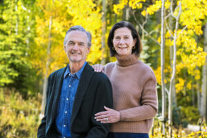 Sue and Mike Rushmore posing together for their recognition as the 2025 Vail Valley Citizens of the Year